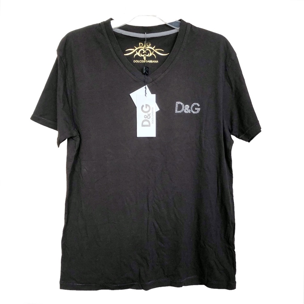 DOLCE & GABBANA Women’s Dark Brown V-Neck T-Shirt - Rhinestone Logo- Size XL NWT